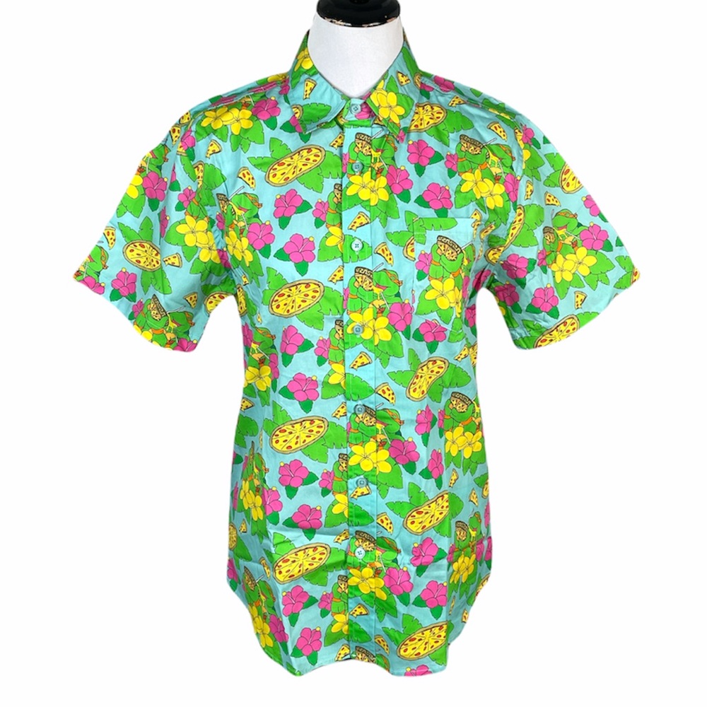 Teenage Mutant Ninja Turtle Pizza and Flowers Button Down Shirt, Blue Small